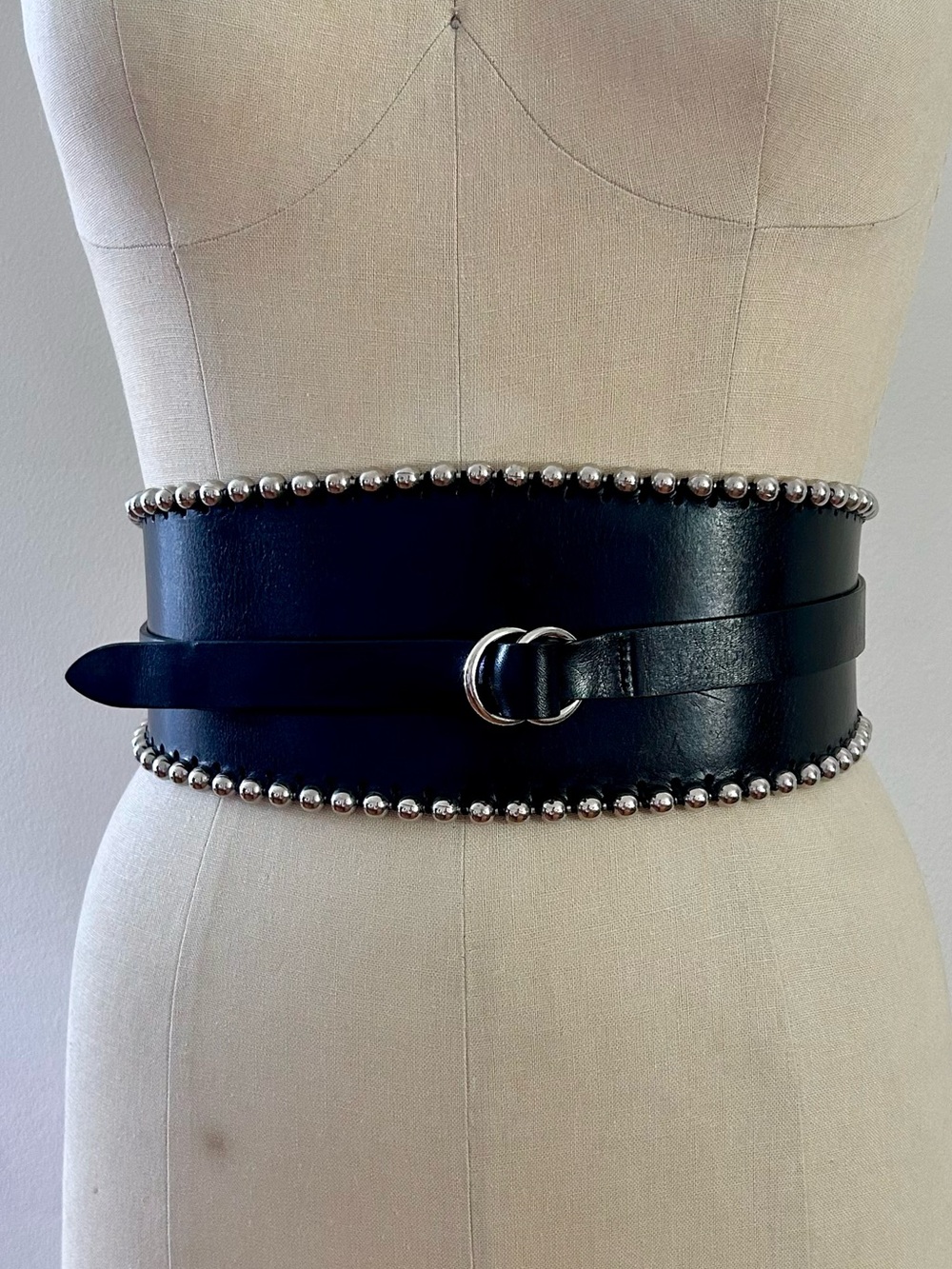 Isabel Marant Black Leather Wide Waist Belt with Silver Bead Trim
